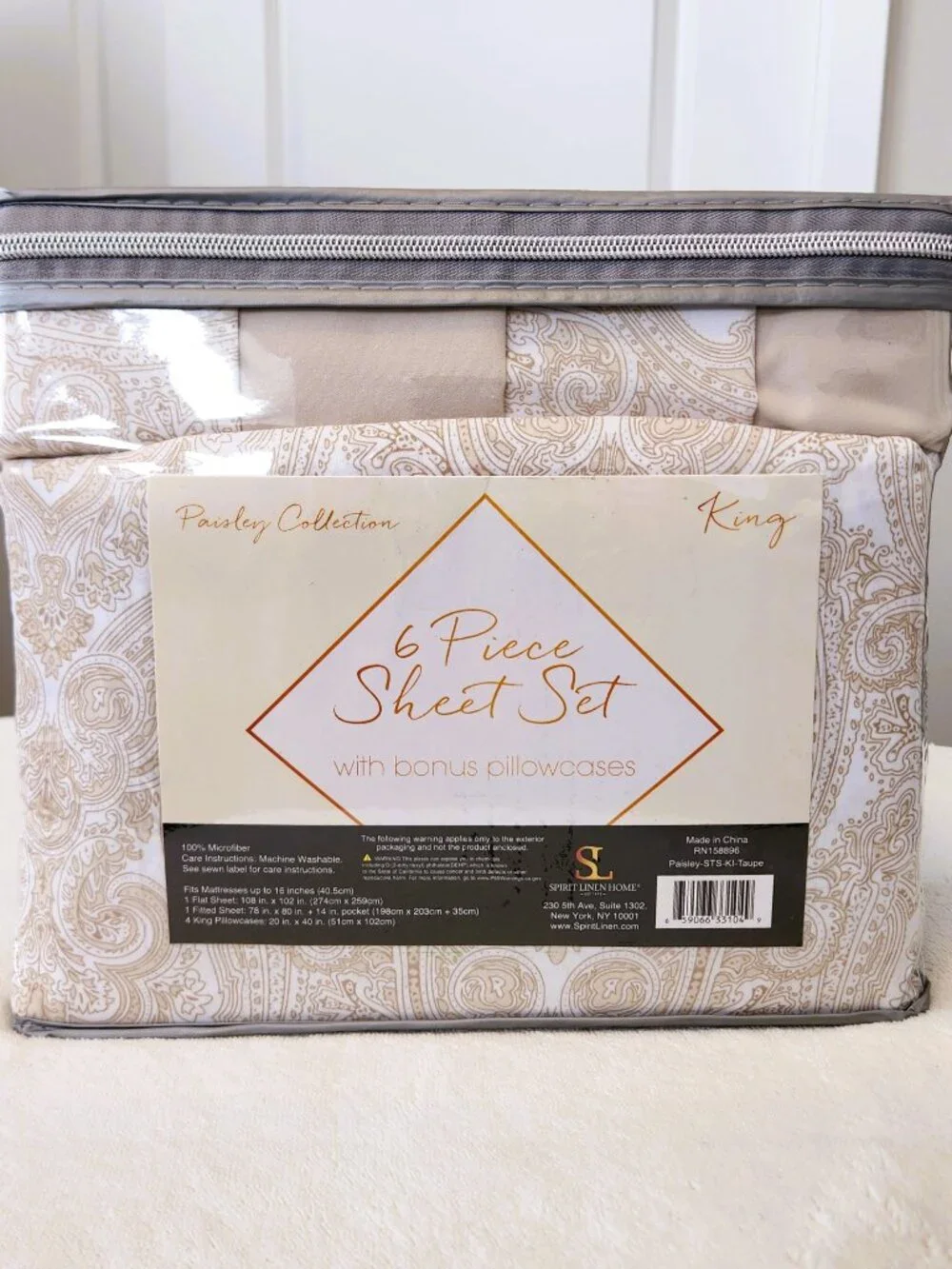 NWT Spirit Linen Home King 6-Pc Paisley Sheet Set Taupe Deep Pocket
